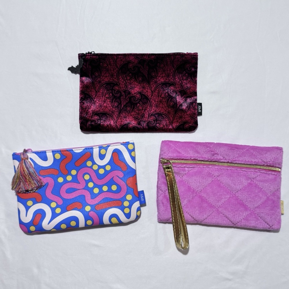 Ipsy Glam Make Up Bag Lot 2023 Pink Gold Quilted, Red Bat, Abstract Tassel NWOT